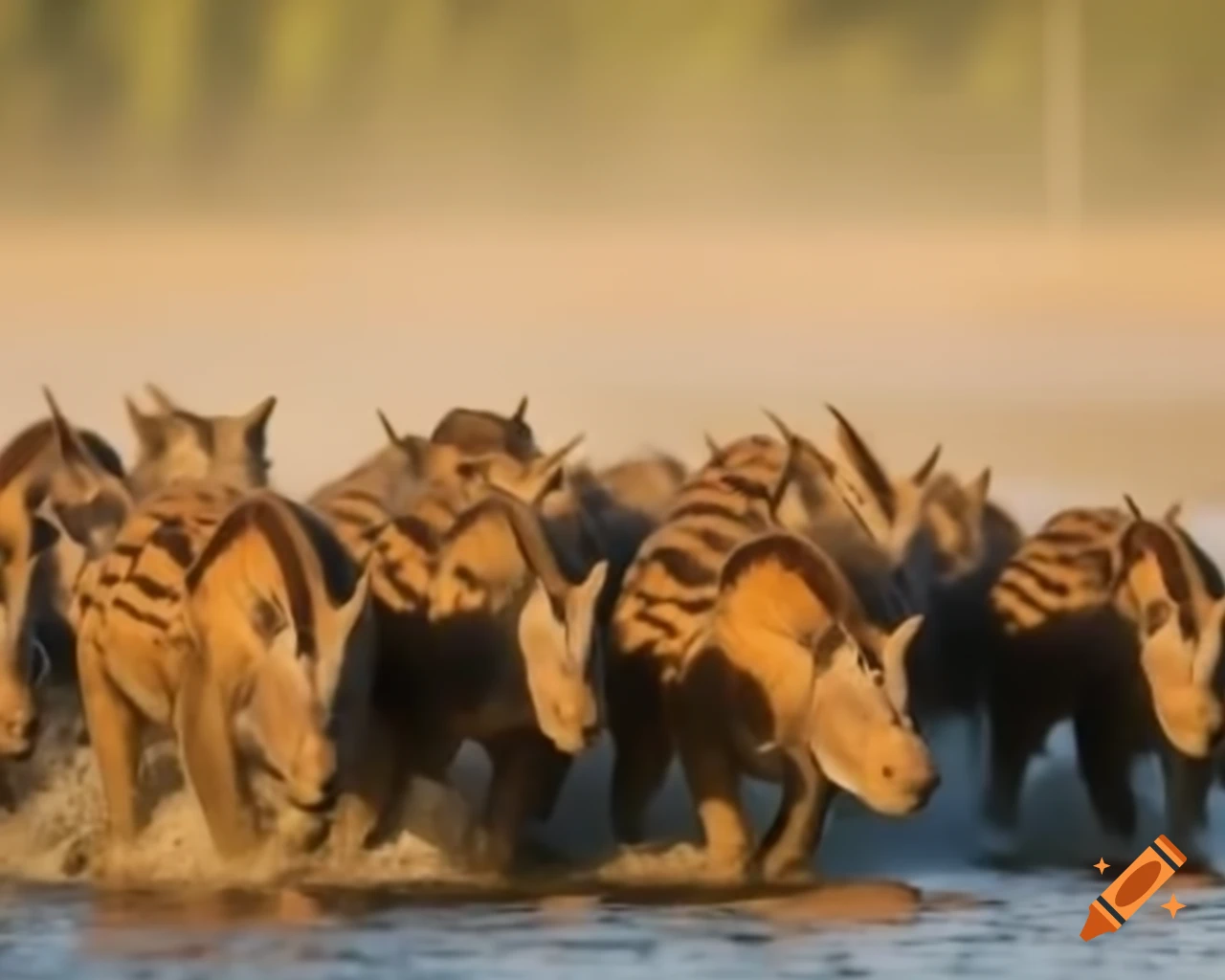 Herd of striped hadrosaurs by muddy lake bank in morning light in British Columbia
