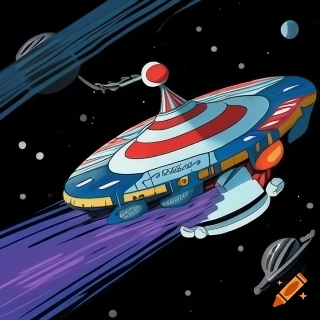 Circus-themed spaceship floating in outer space