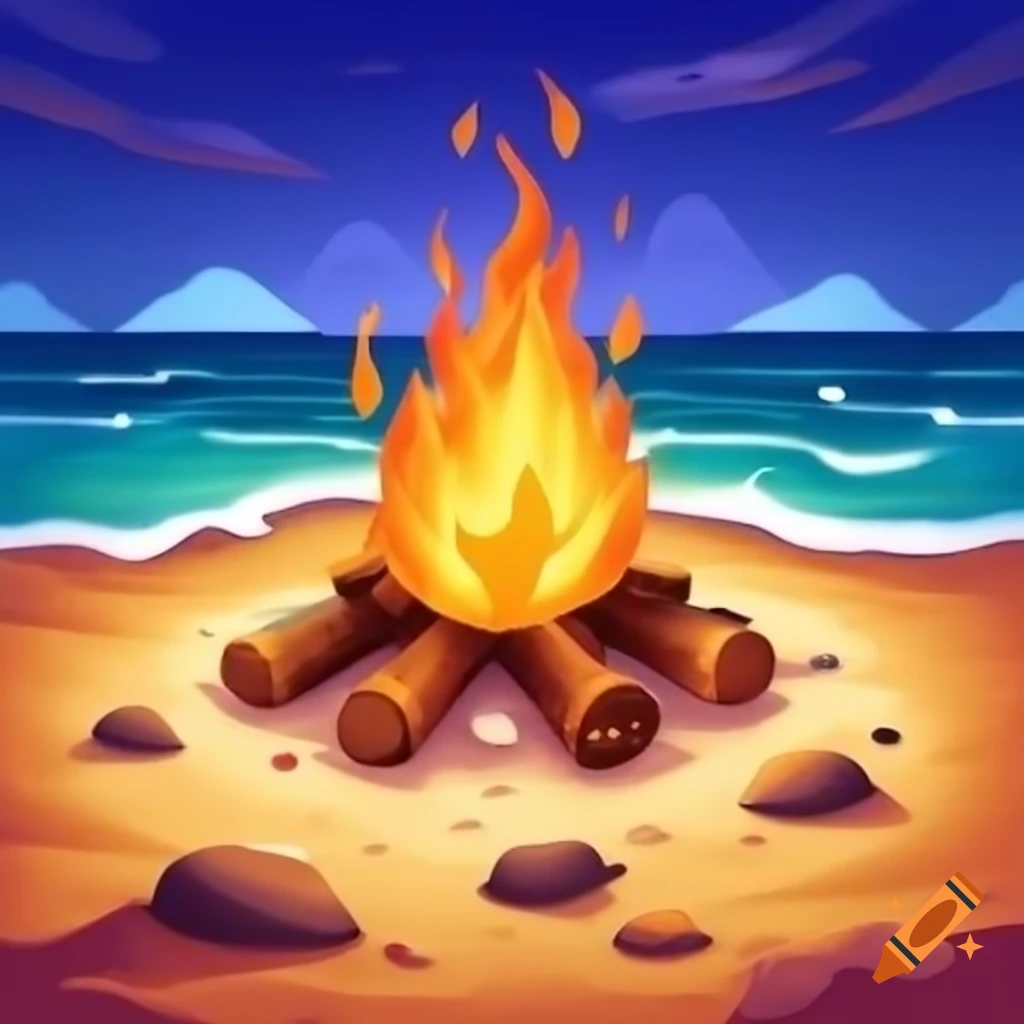 Unlit campfire on beach with sand and ocean