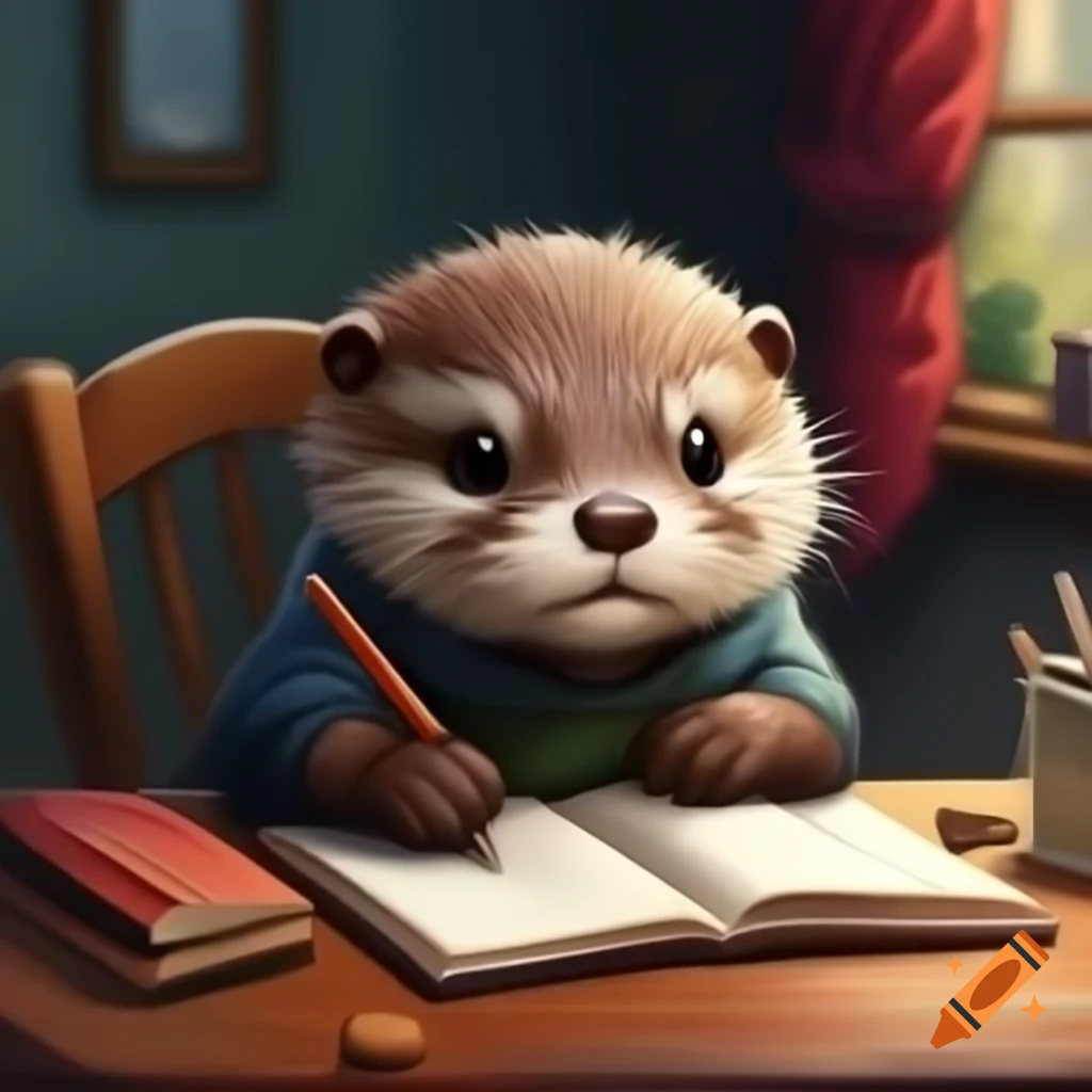 Otter studying in cozy room, looking down at notebook