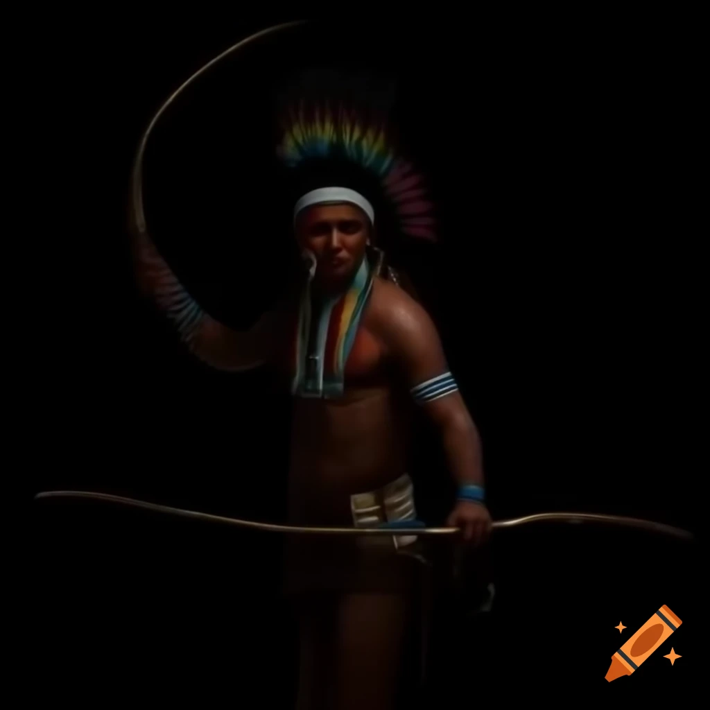 Indigenous person with large headdress holding bow and arrow