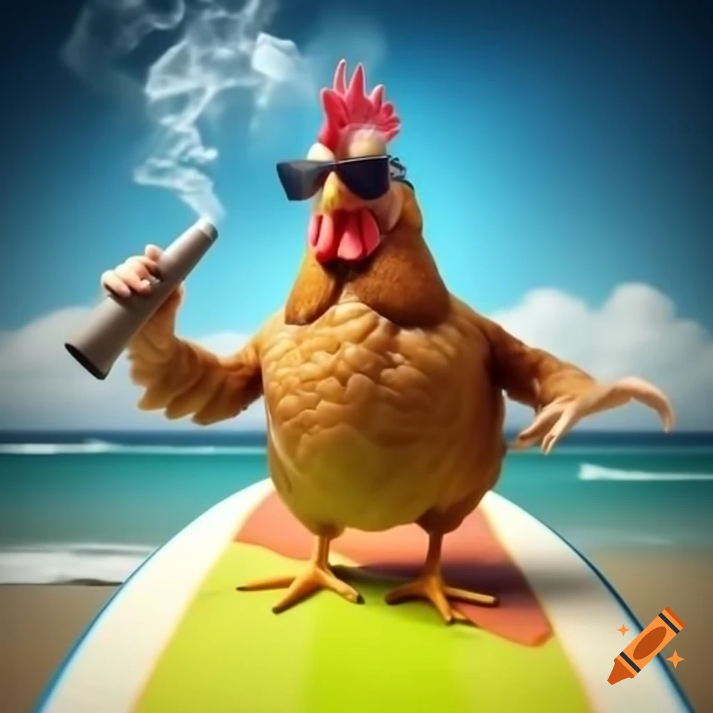 Chicken wearing sunglasses on surfboard enjoying a laid-back vibe