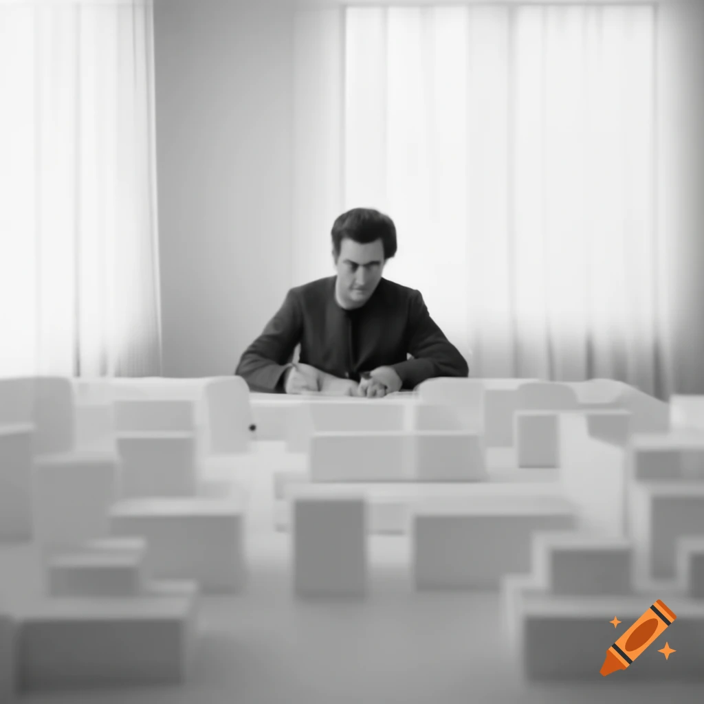 Architecture critic writing in bright room filled with scale models
