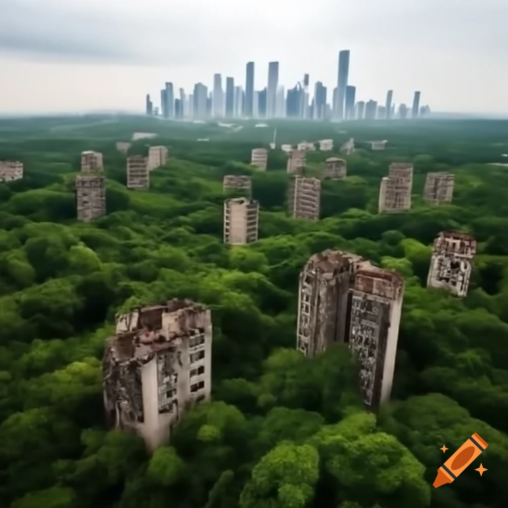 Contrasting city skyline pollution with lush green forest