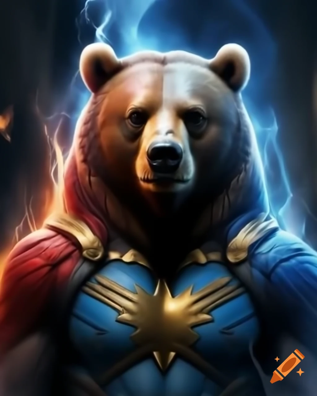 Superhero bear standing strong under thunder