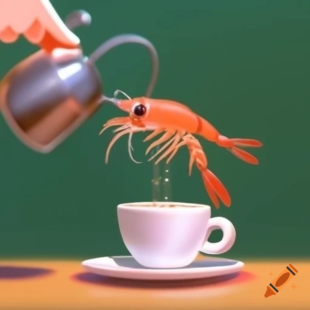 Tiny shrimp holding a large coffee cup on craiyon