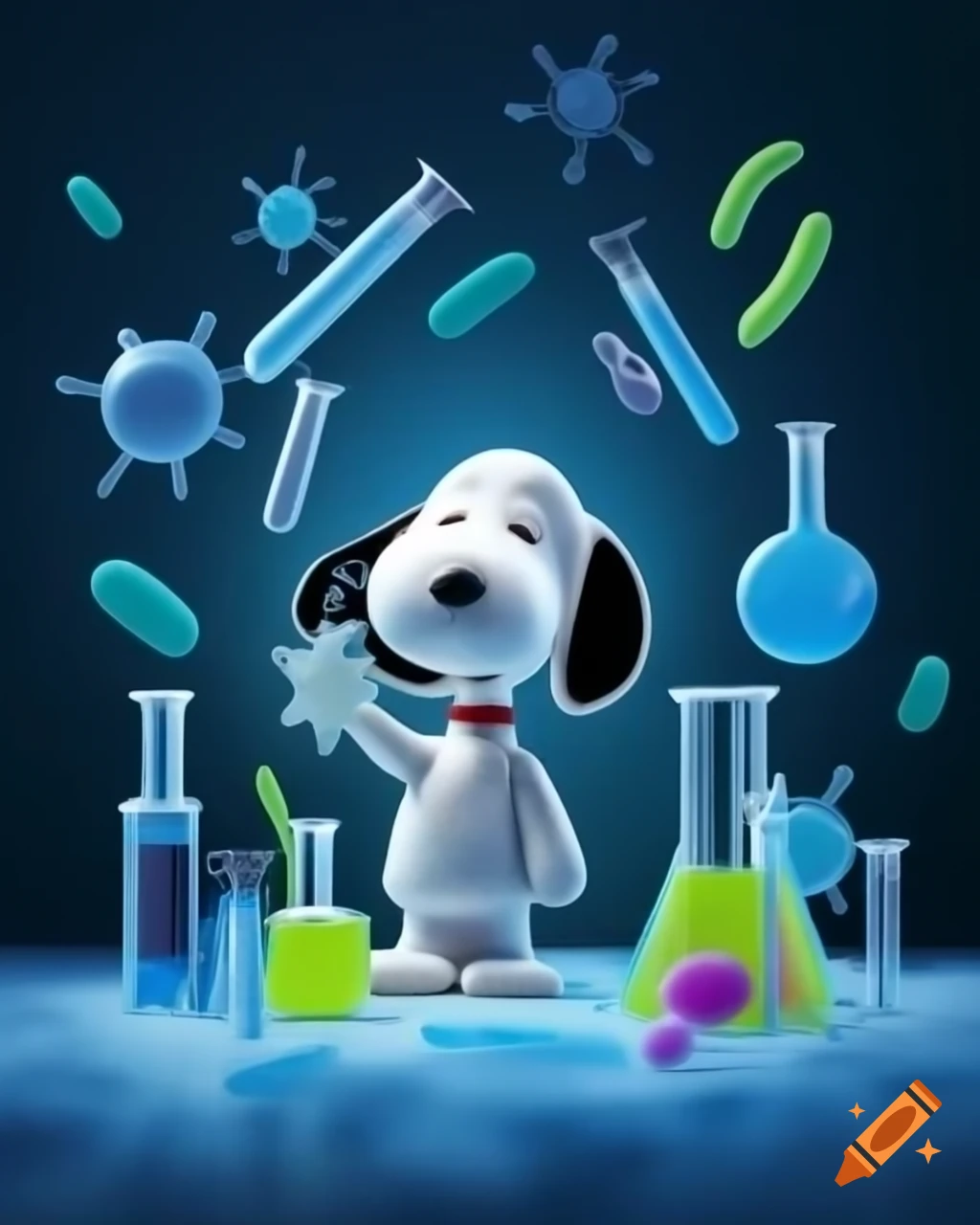 Snoopy in a lab coat with laboratory featuring experiments and bacteria