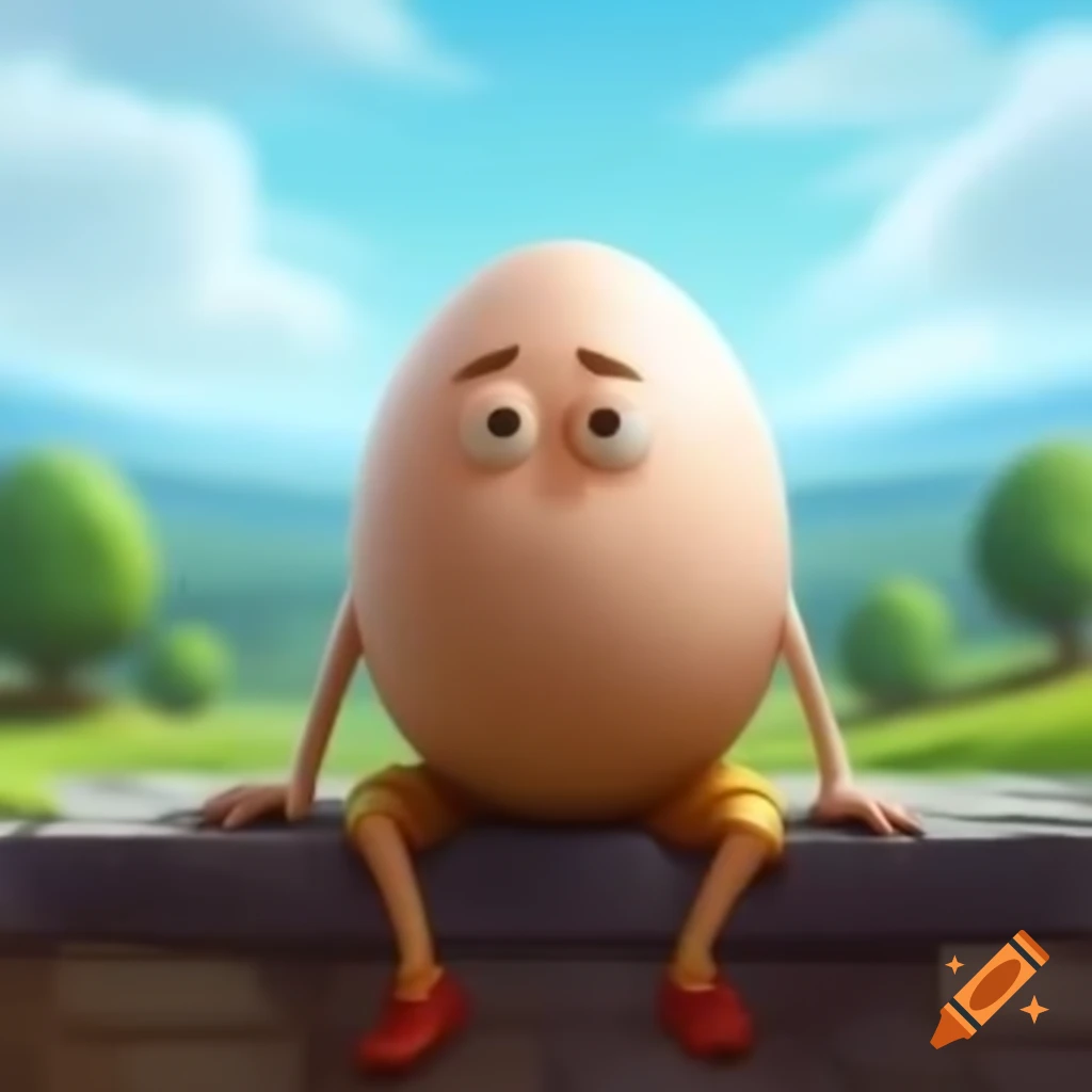 Humpty Dumpty sitting on a wall in serene landscape