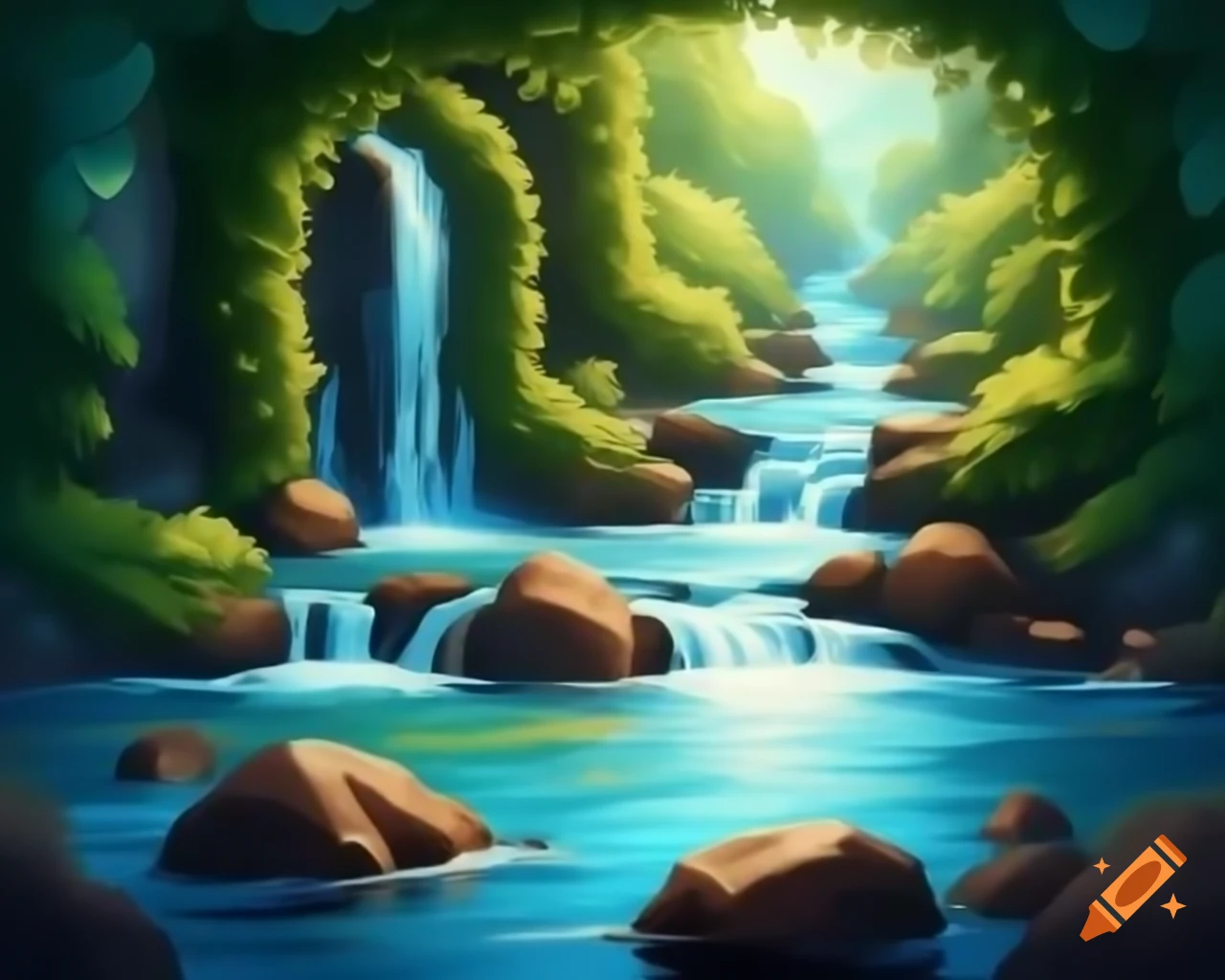 Stylized video game image of cascading stream under vine archway