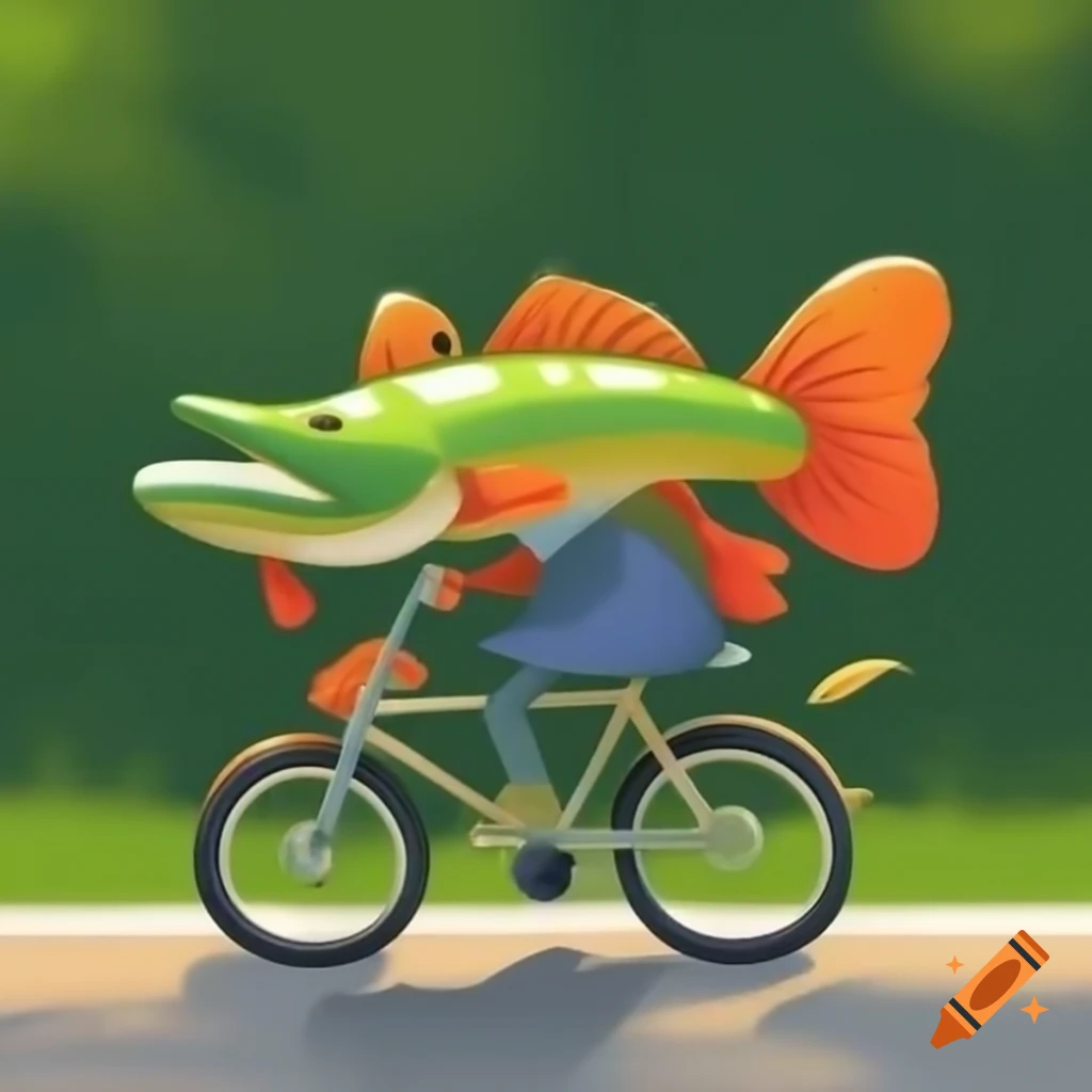 Cartoon pike fish riding a bicycle
