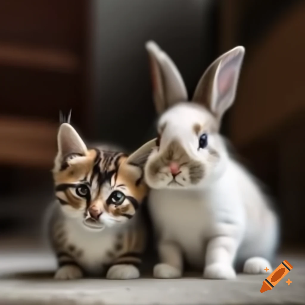 Cute kitten and rabbit together