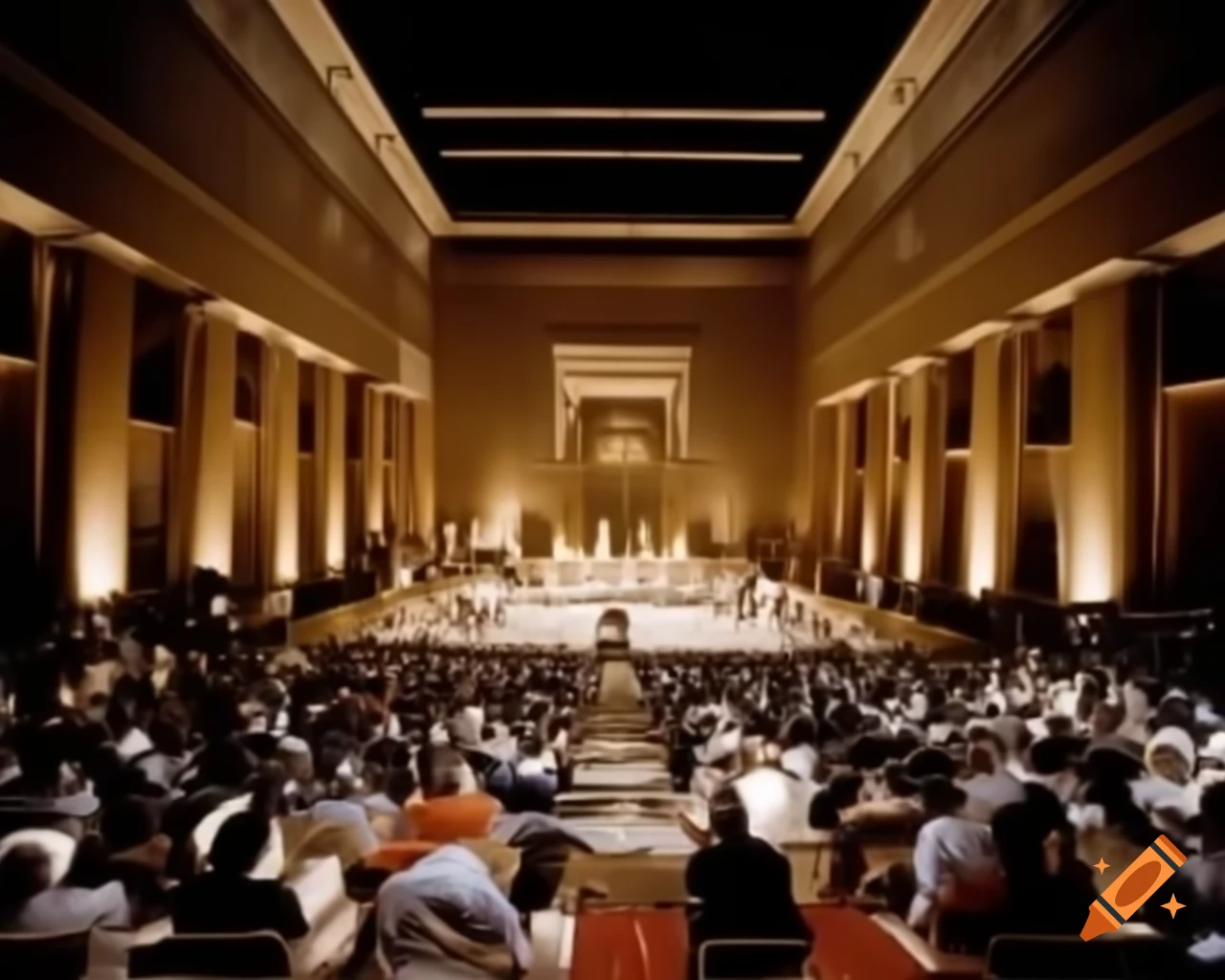 Ancient Egyptian gallery space overlooking events below with luxurious surroundings