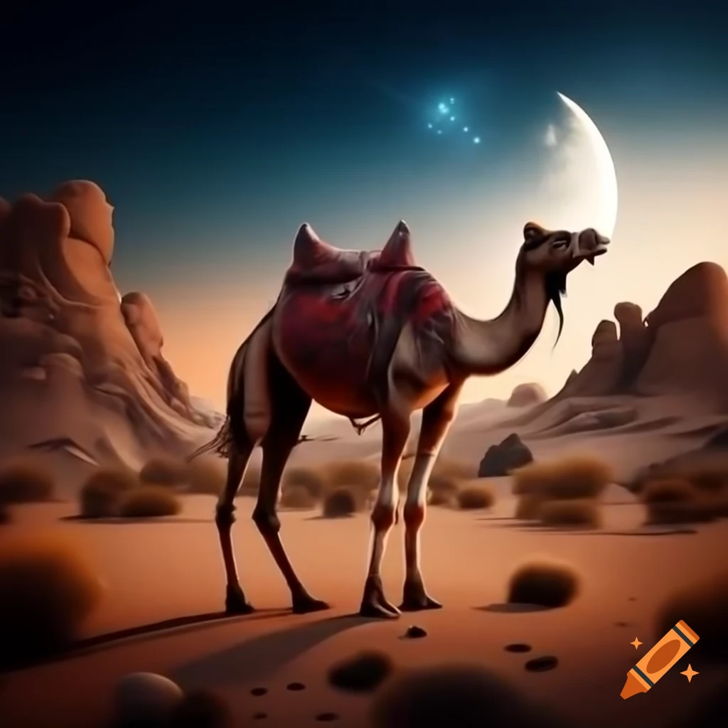 Camel with patterned saddle blankets and person in traditional robes walking on dune at dusk under crescent moon