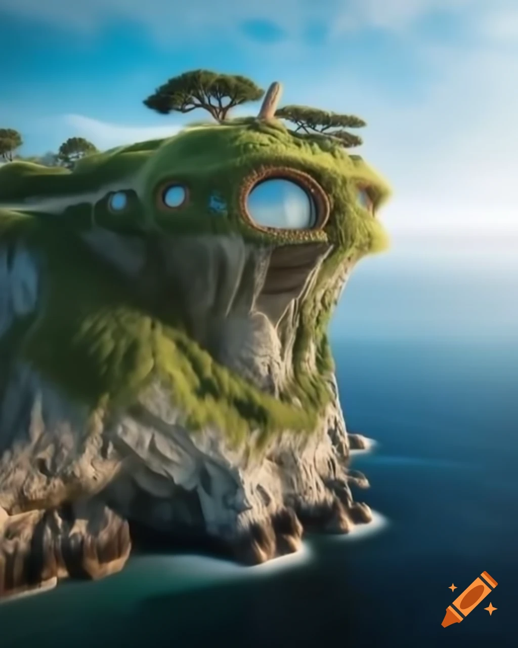 Biopunk solarpunk hobbit house on cliff with view of clear azure sea