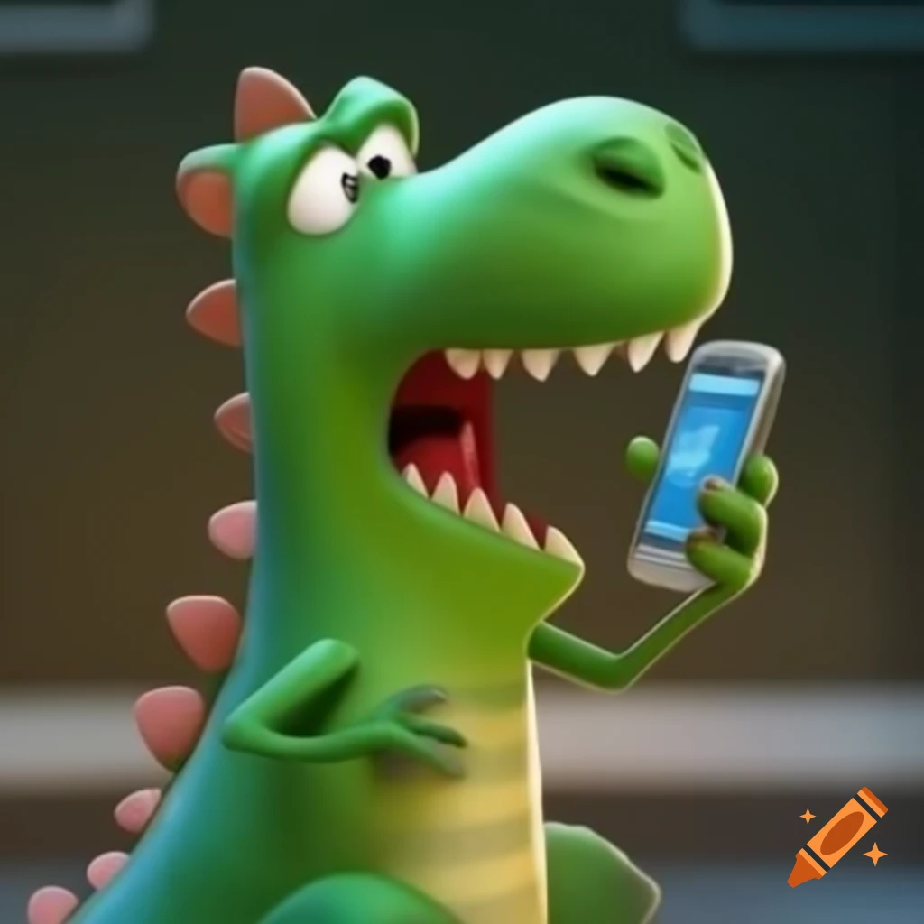 Cartoon dinosaur confused by mobile phone