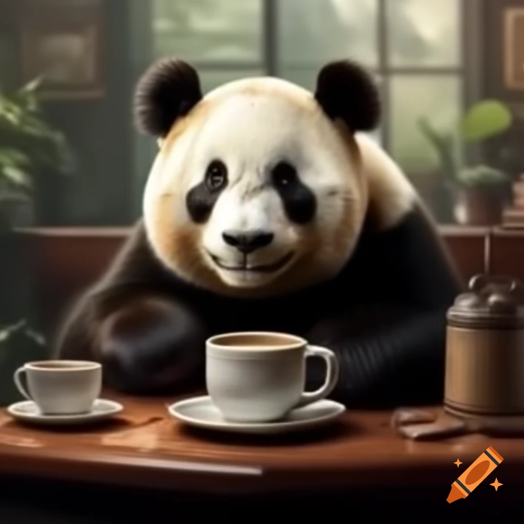 Panda enjoying a cup of coffee