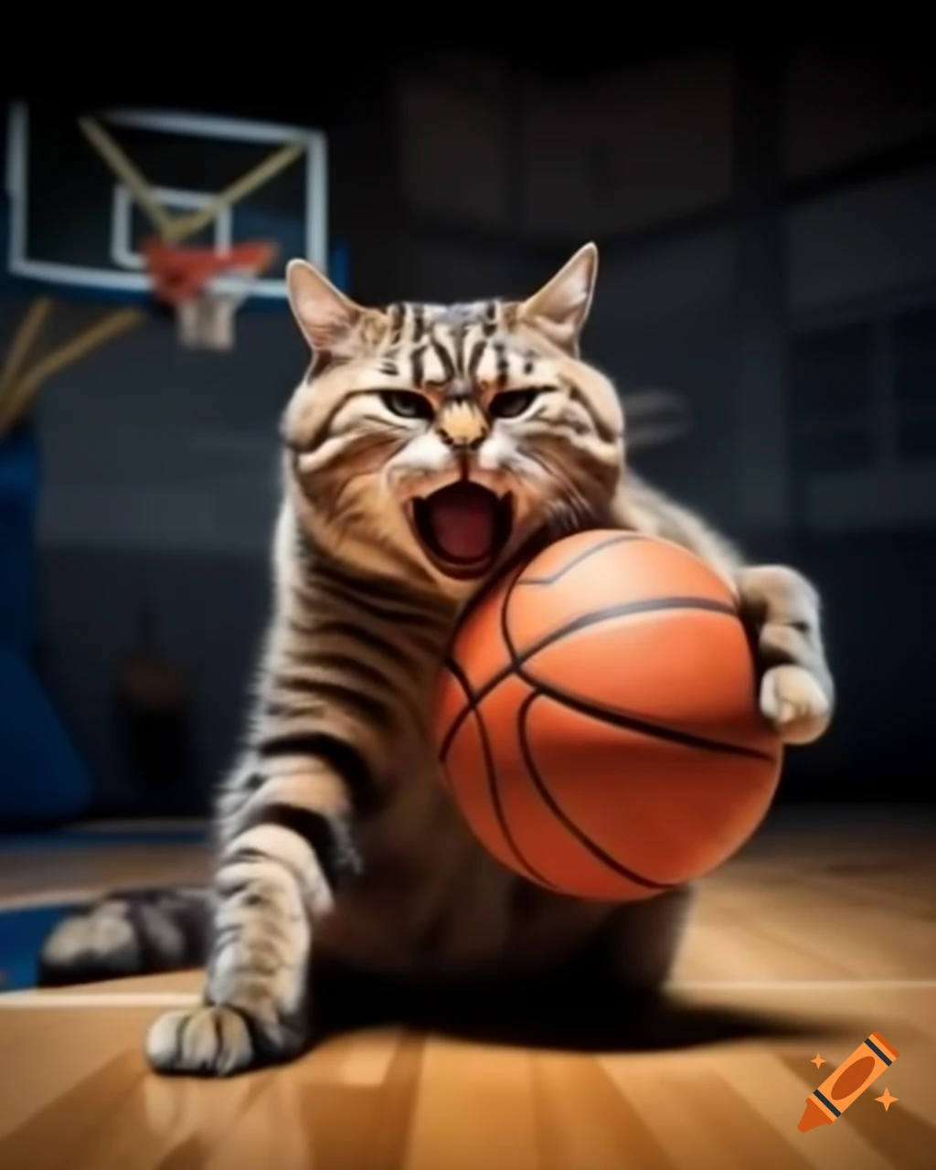Angry cat playing basketball