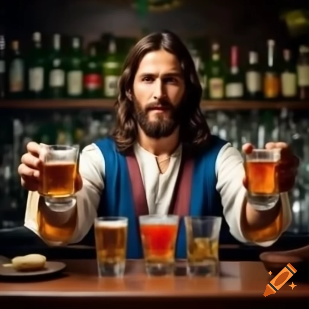 Conceptual art of Jesus serving drinks at a bar with multiple mugs