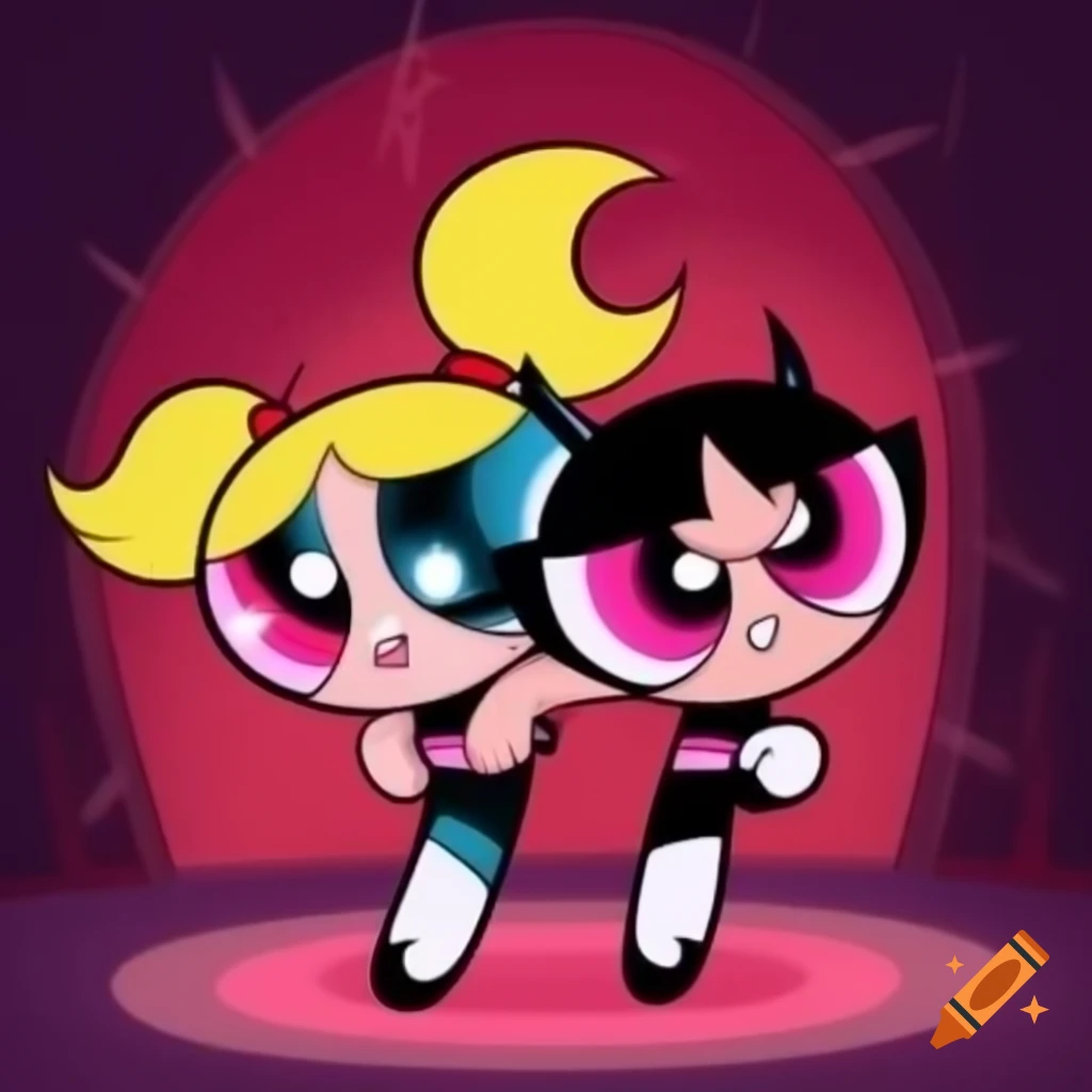 Cartoon scene with PowerPuff Queen Vampire and Funshine Bear from Care Bears