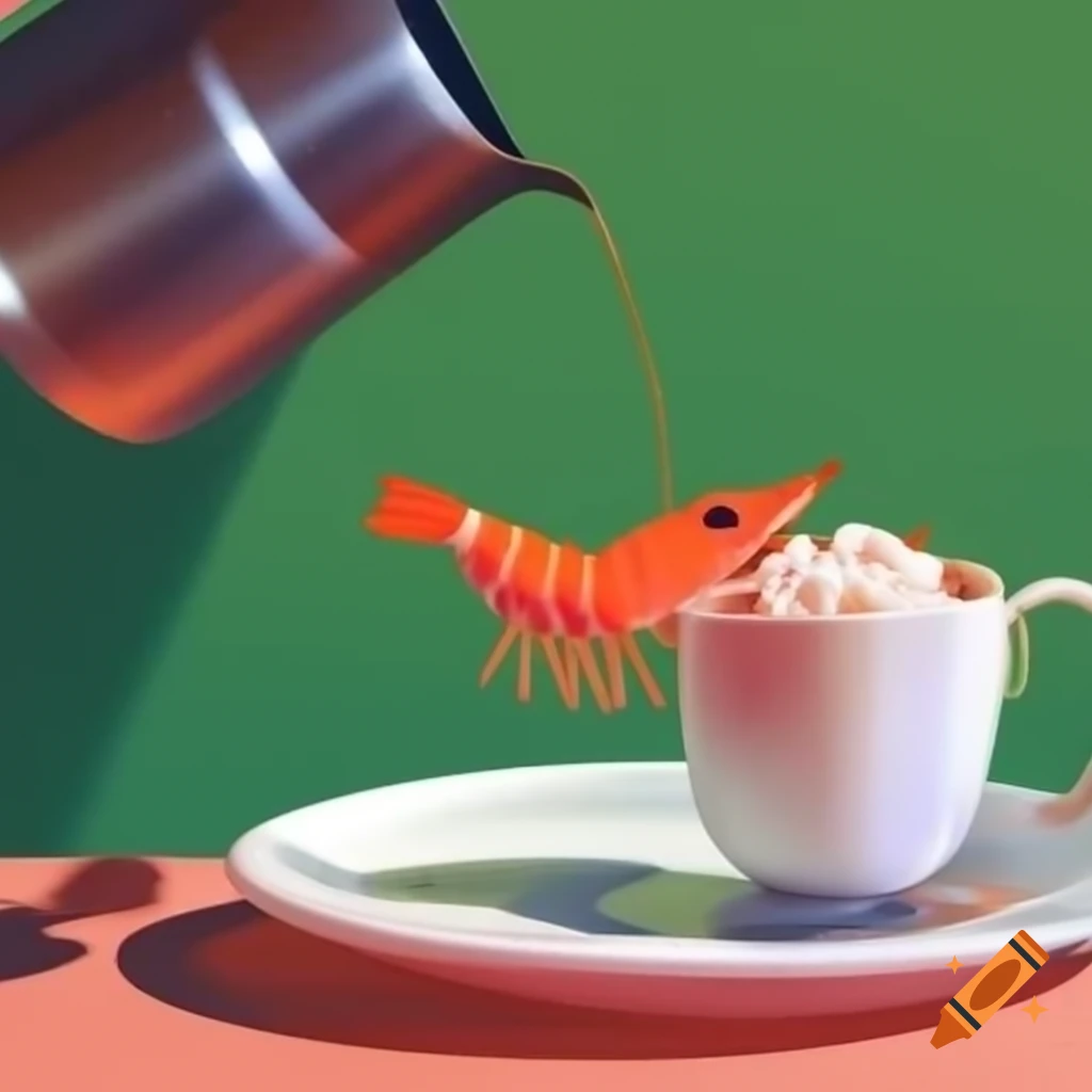 Tiny shrimp holding a large coffee cup