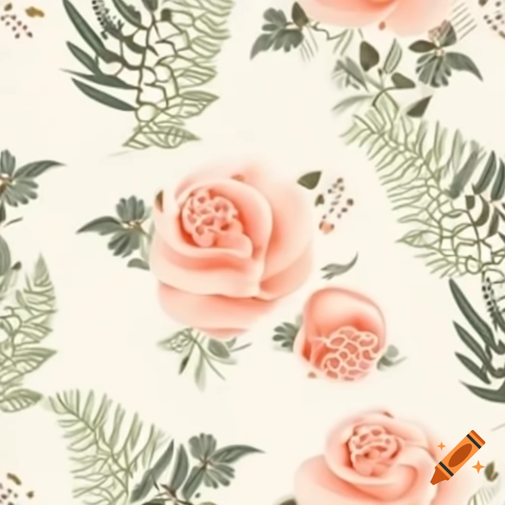 Seamless pattern of digital roses in vintage botanical style with soft coral, dusty rose, and olive green