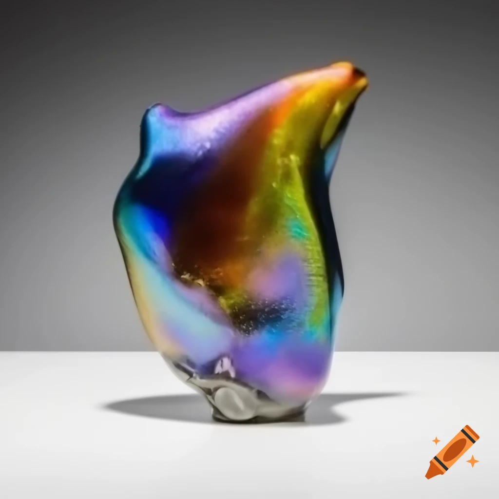 Fantastic unearthly object with iridescent glass glaze on white background