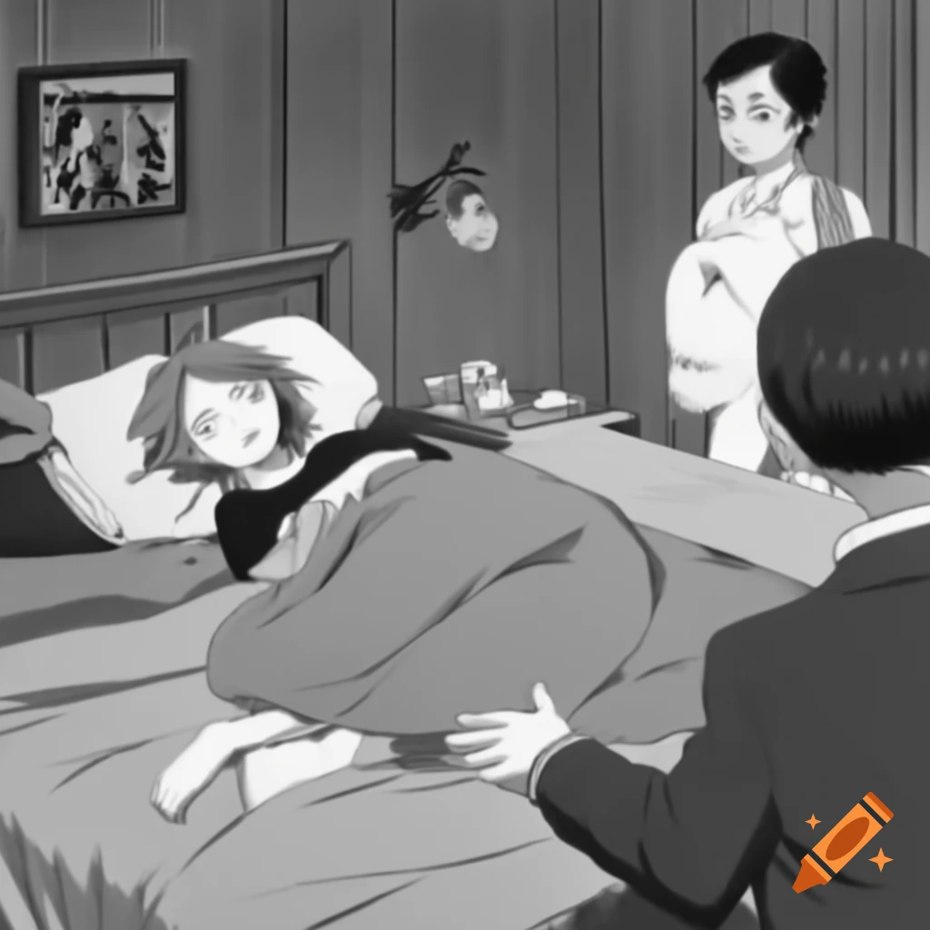Young woman asleep in front of therapist, 1980s anime style