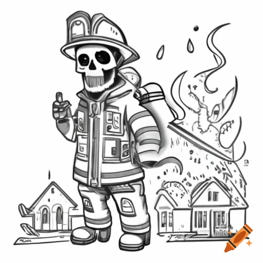 Skeleton dressed as firefighter extinguishing house fire with firehose