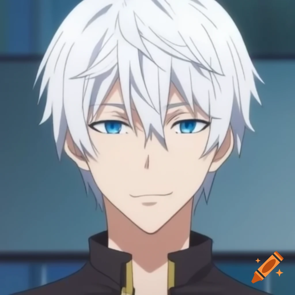 Handsome anime man with white hair and blue eyes