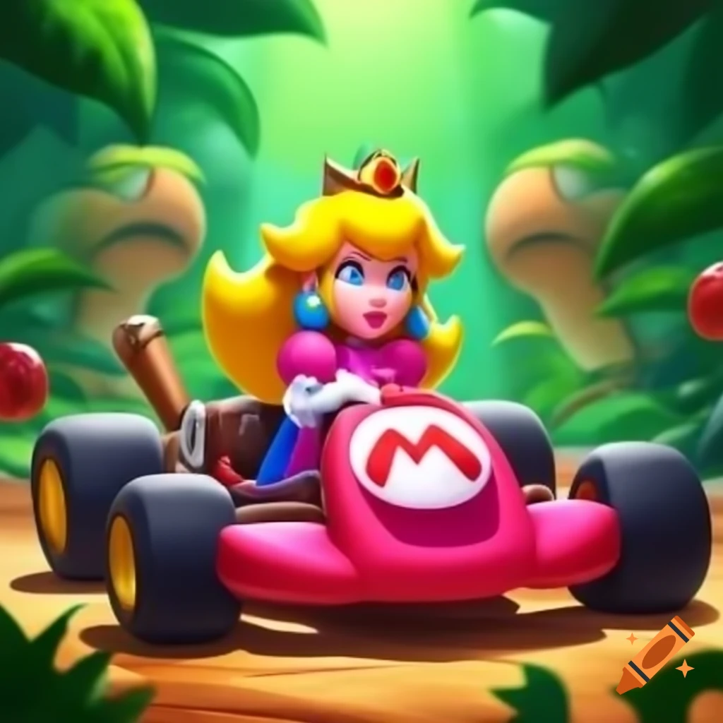 Princess Peach driving a kart through a jungle landscape