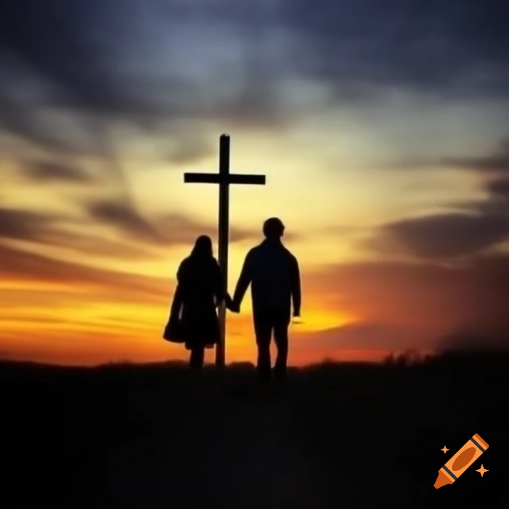 Couple walking hand in hand into sunset with cross above