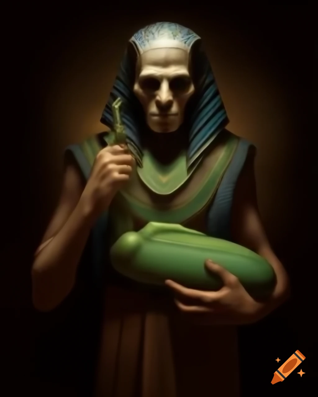 Ancient Egyptian priest holding large beetle in full length portrait