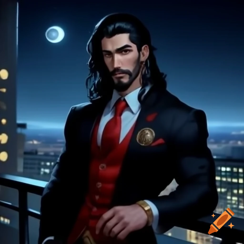 Pale male Spaniard in black suit with red tie on balcony at night with Portland cityscape and half-moon