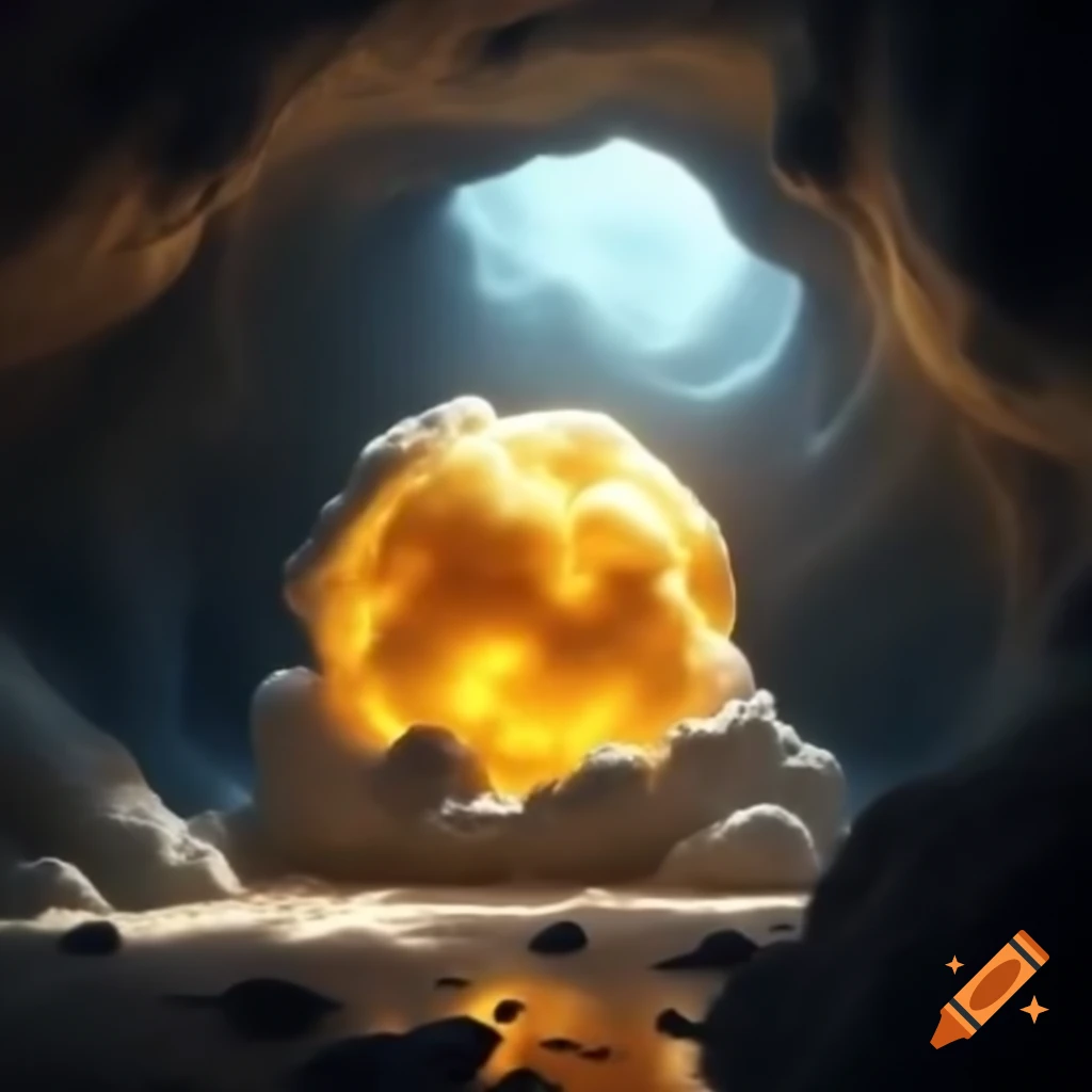 Glowing yellow orb made of swirling cloud in a cave