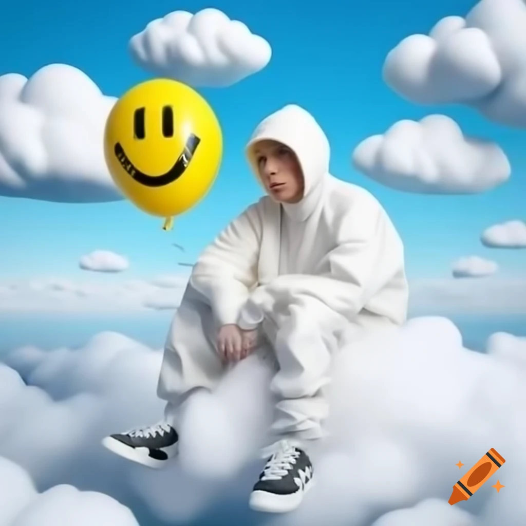 Rapper in hazmat suit sitting in clouds holding yellow balloon and smiling