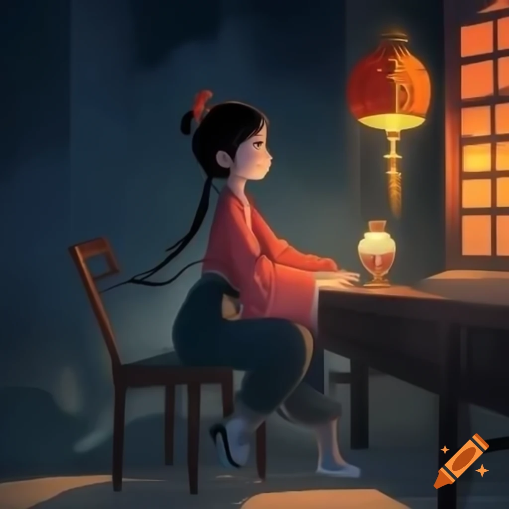Girl holding lamp in Chinese old house, Anime style