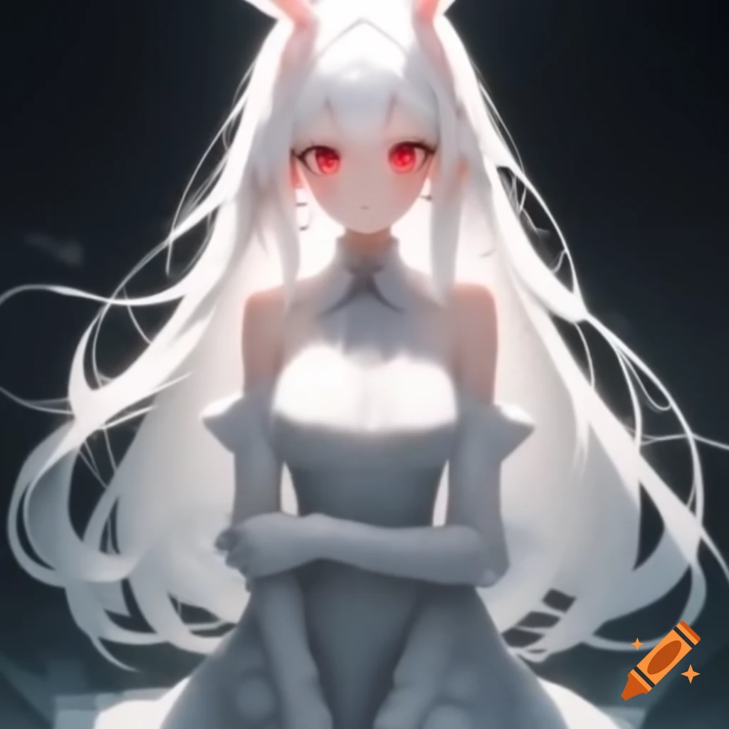 Bunny girl with red eyes and long white hair in a flowing dress