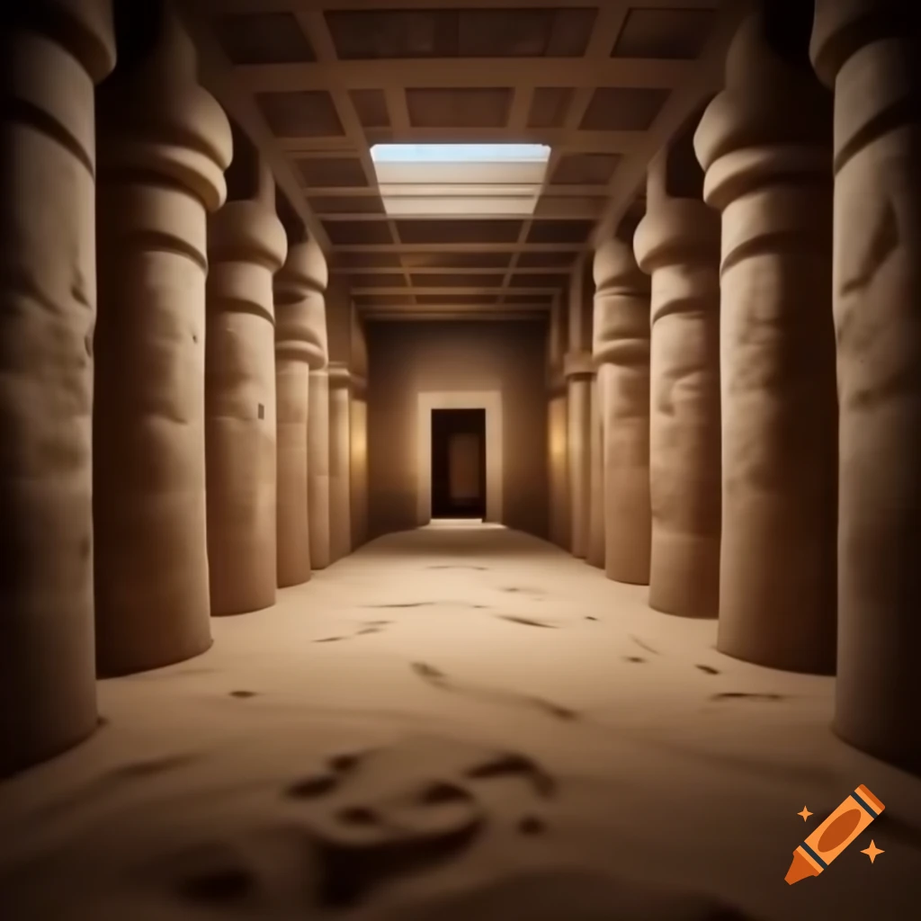 Ancient Egyptian style throne room with sandy floor and stone walls