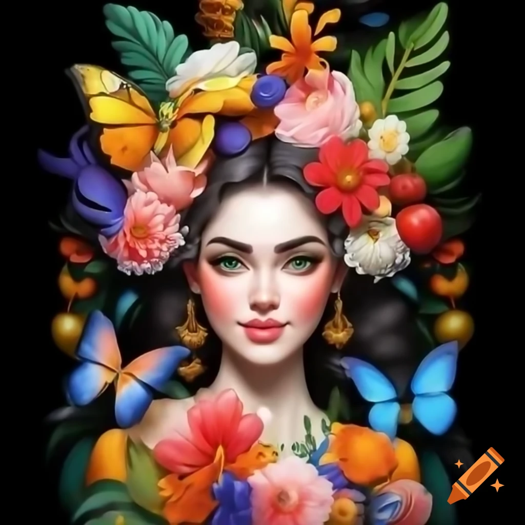 Realistic portrait of a goddess with tropical flowers, fruit, and butterflies