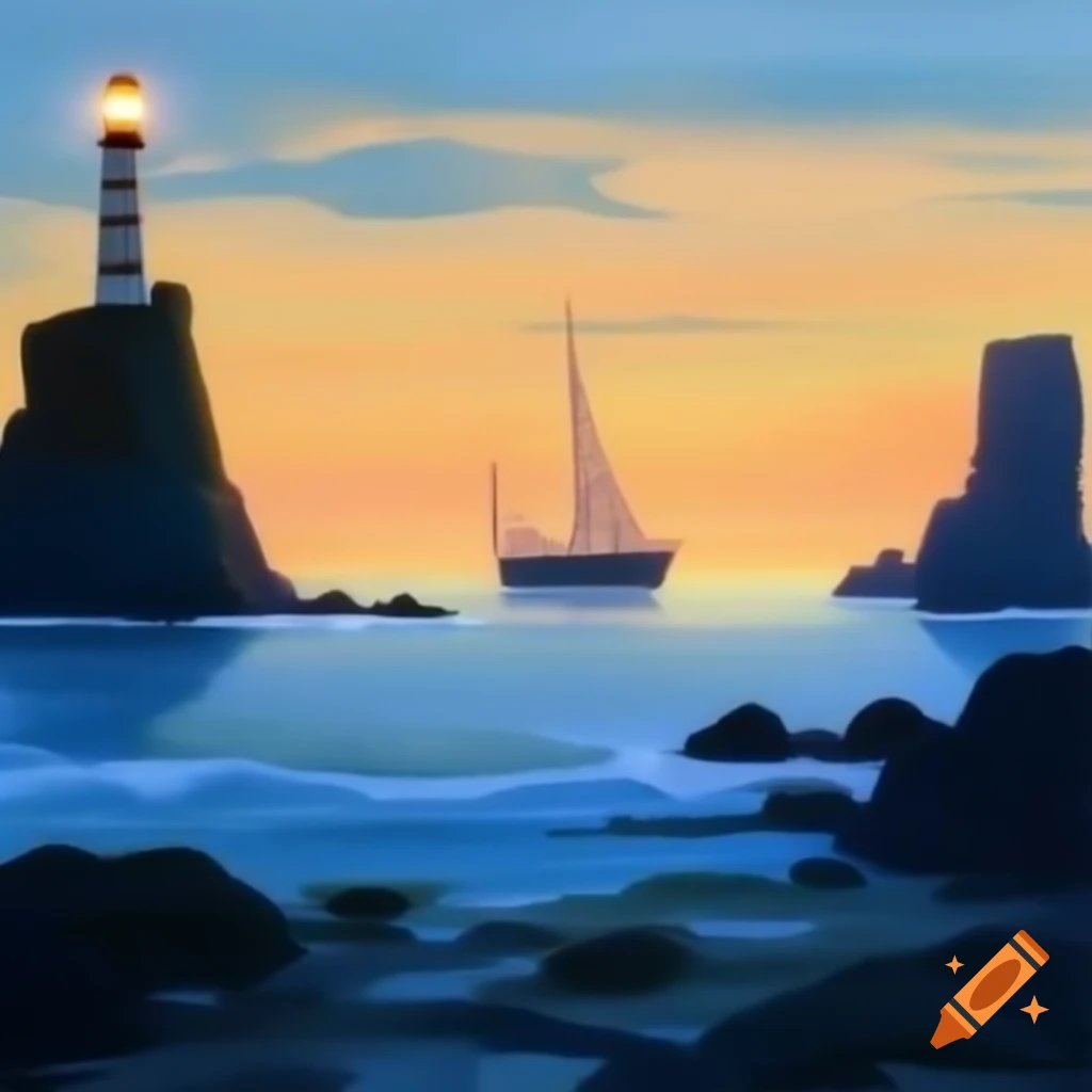 Coastal landscape with lighthouse and sailboats at rocky shore