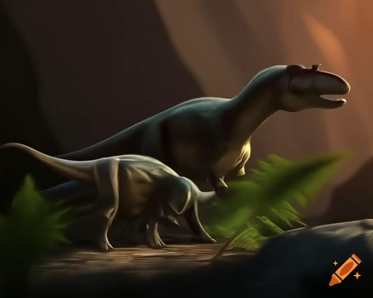 Pachycephalosaurus walking along rocky outcrop with ferns in warm morning light