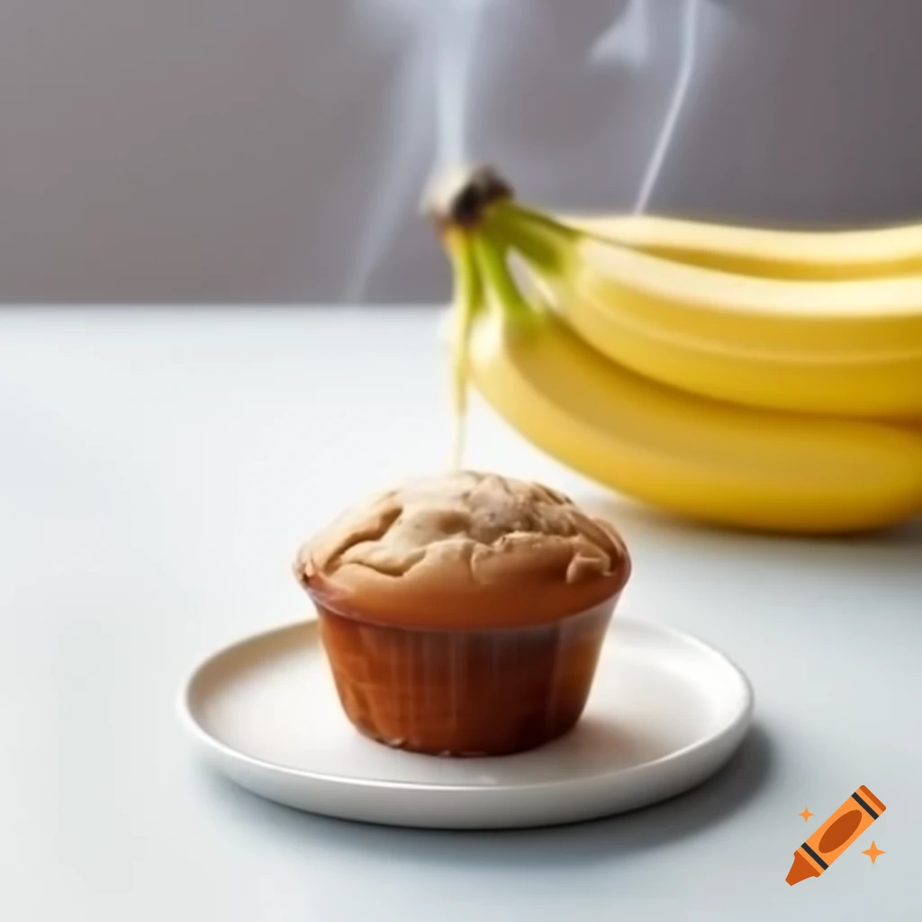 Steaming banana bread muffin on a saucer with a calm inviting background