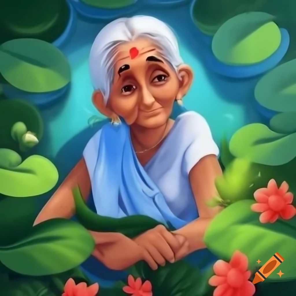 Watercolor painting of elderly Indian woman in village garden