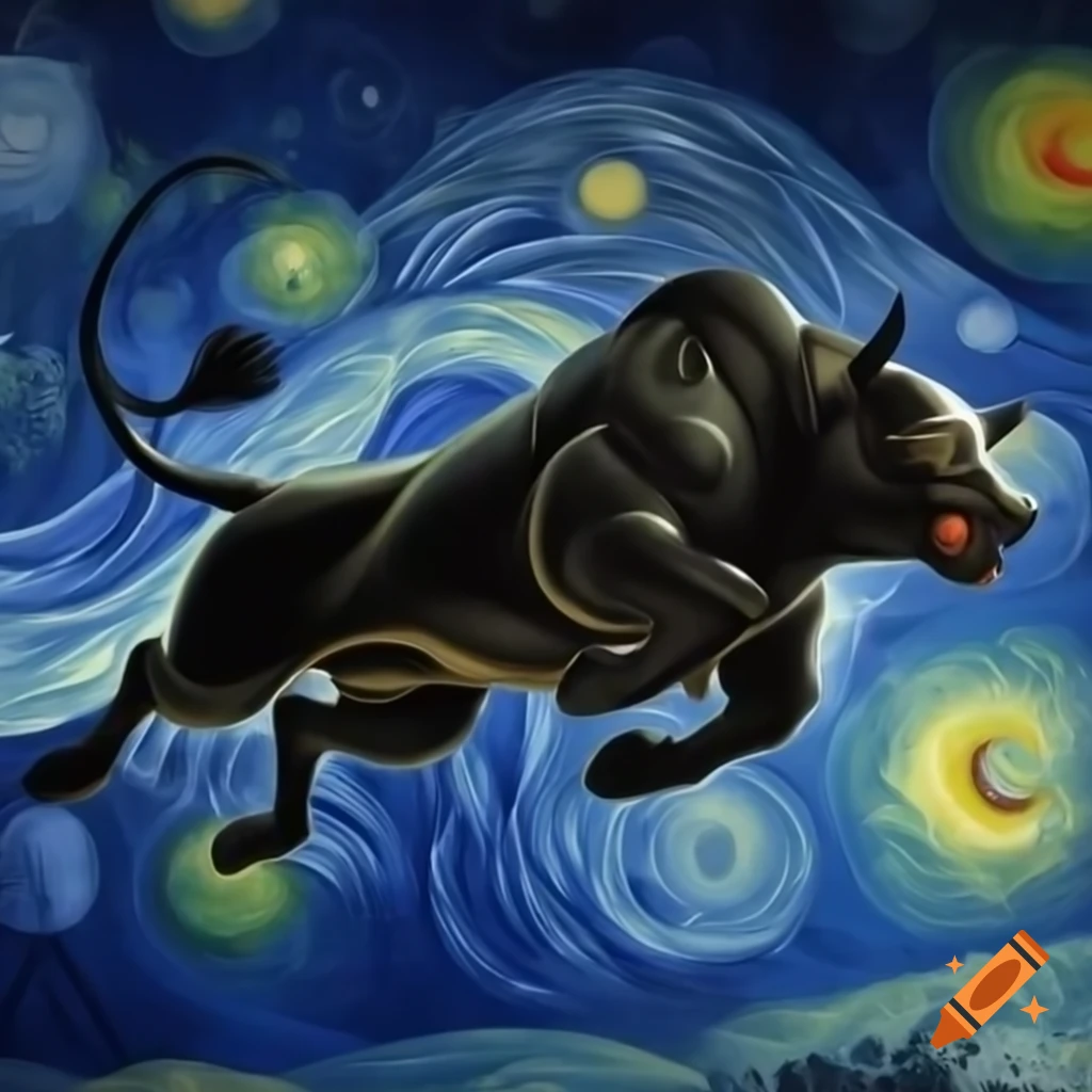 Hyper detailed Van Gogh painting of Zodiac Taurus jumping in space