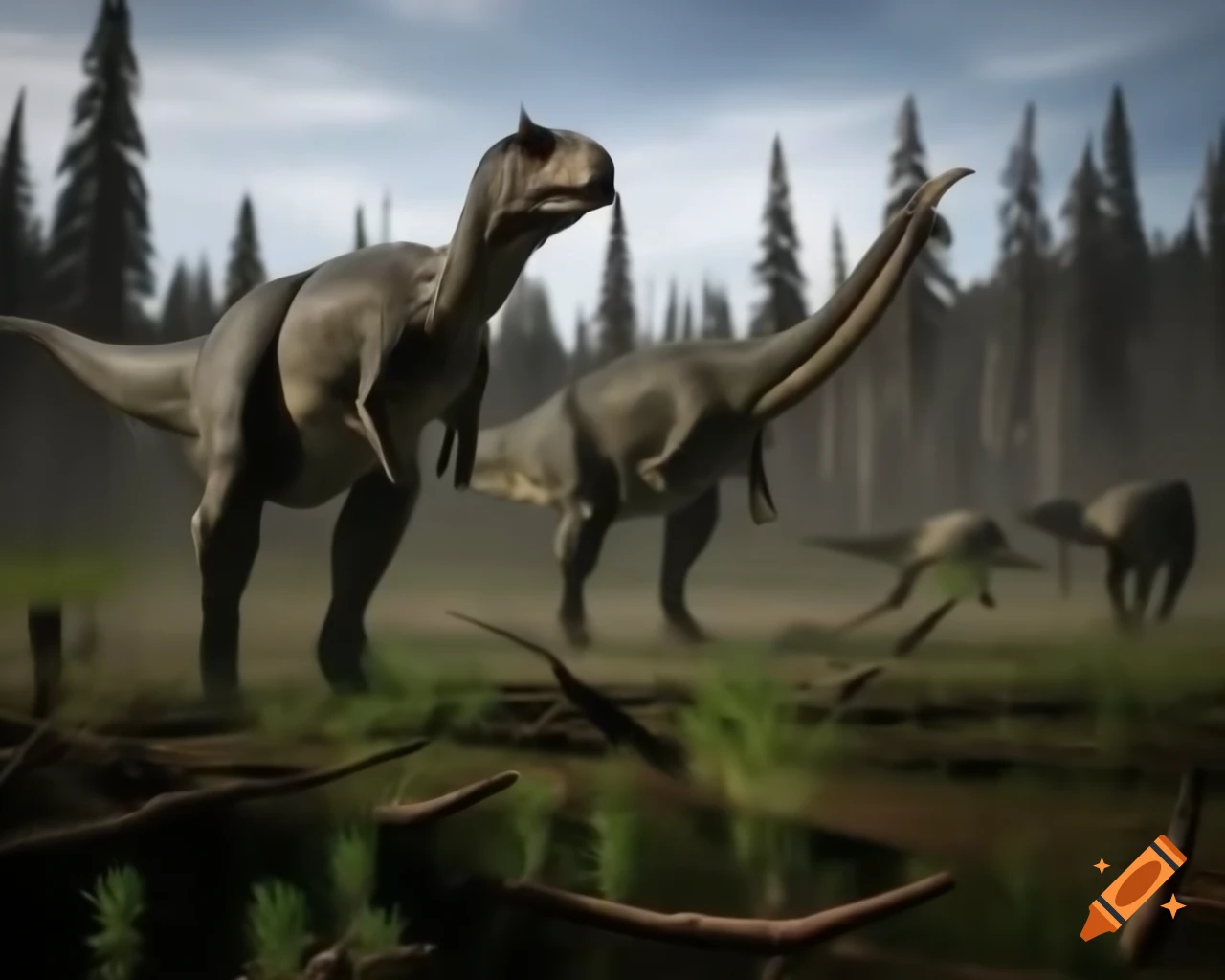 Hadrosaurus dinosaurs in prehistoric prairie with ferns and forest backdrop