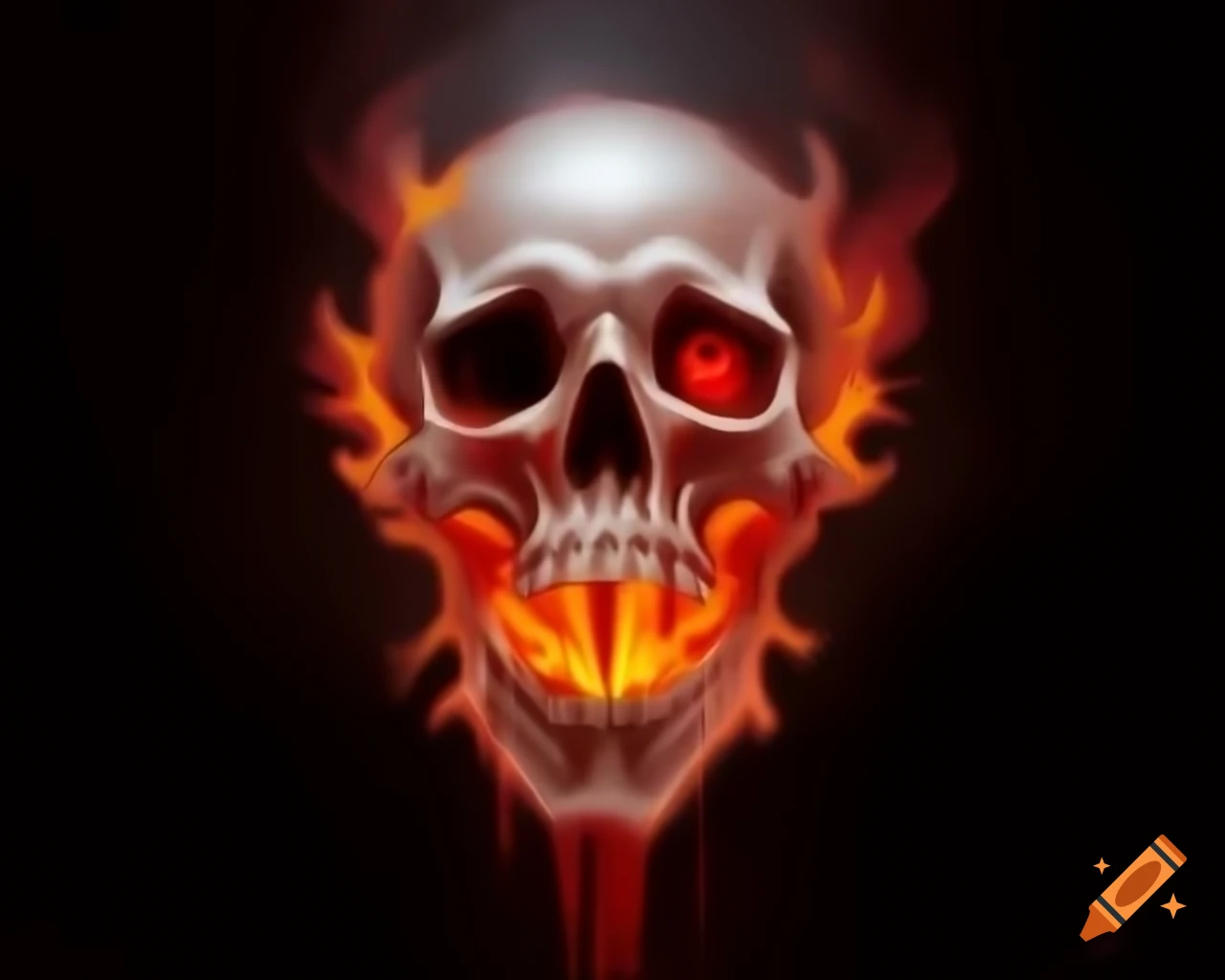 Flaming white skull with bloodshot eyes in video game art style