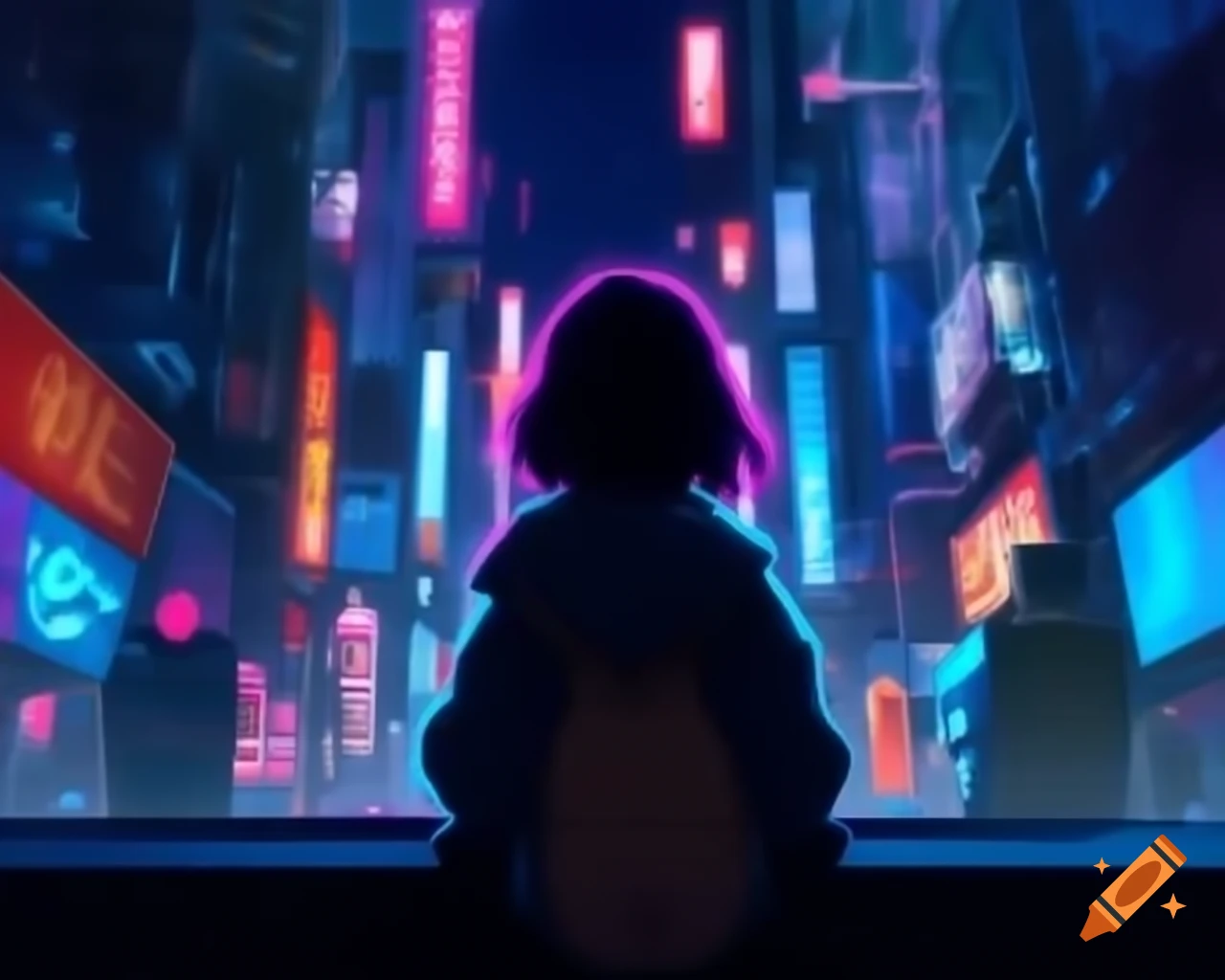 Girl gazing at futuristic neon cityscape