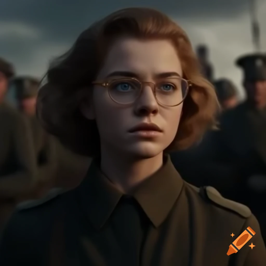 Young woman with glasses in 1940s wartime setting, showcasing chaos and resilience