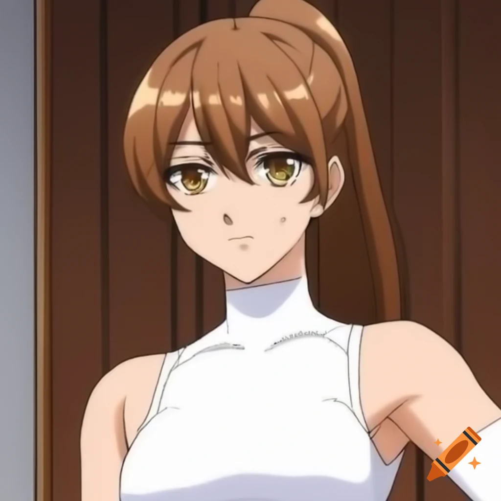 Tall female in white leotard with gold eyes and brown ponytail