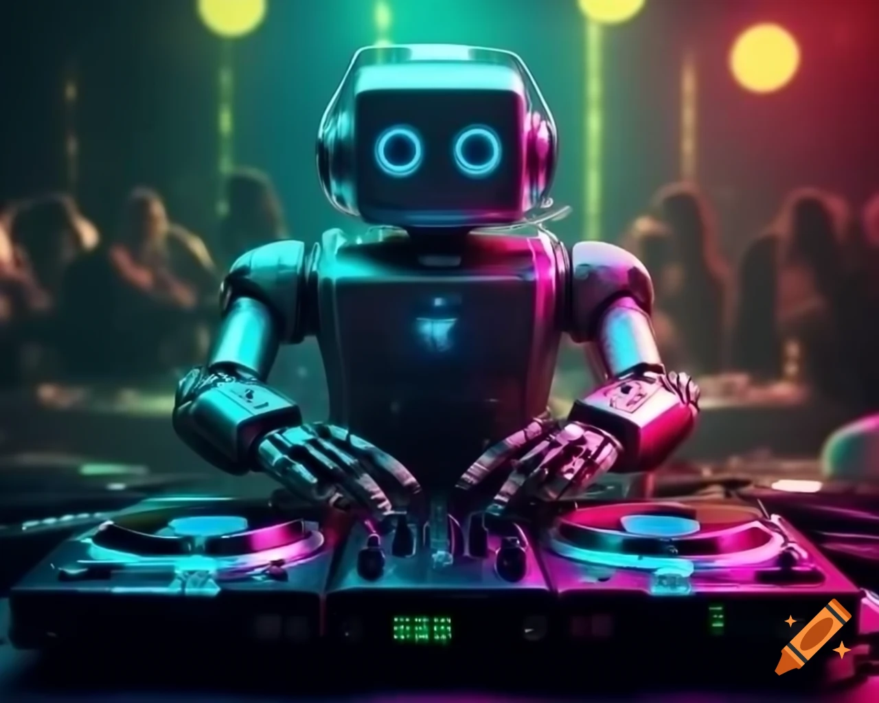 DJ robot with neon lights at party with single color background